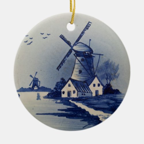 Vintage Blue White Delft Windmill Ceramic Ornament