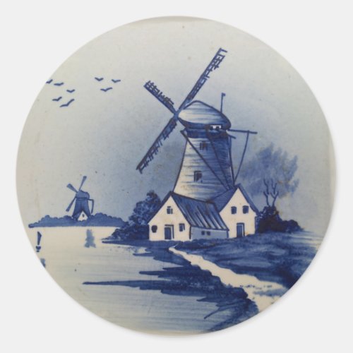 Vintage Blue White Delft Windmill Classic Round Sticker