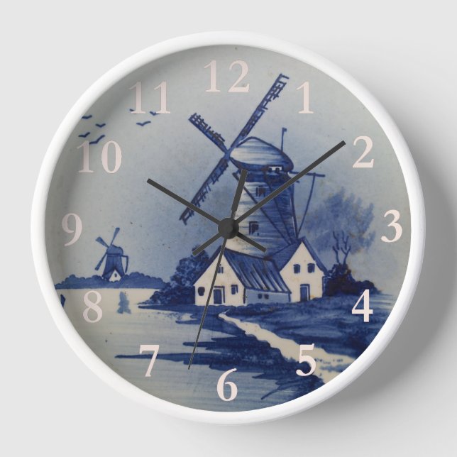 Vintage Blue White Delft Windmill Clock (Front)