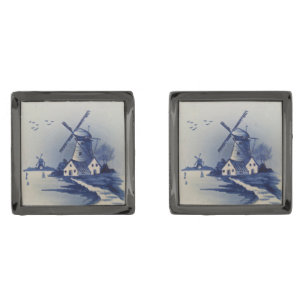Vintage Blue White Delft Windmill Cufflinks