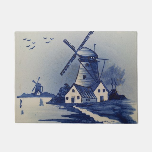 Vintage Blue White Delft Windmill Doormat (Front)