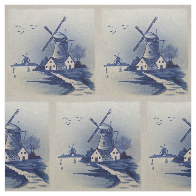 Vintage Blue White Delft Windmill Fabric (Swatch)