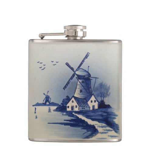 Vintage Blue White Delft Windmill Flask