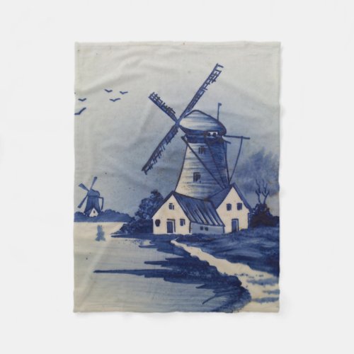 Vintage Blue White Delft Windmill Fleece Blanket