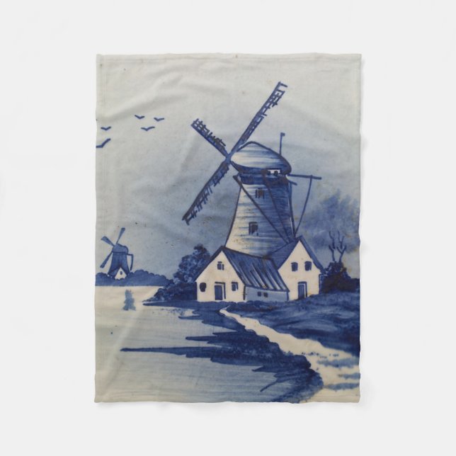 Vintage Blue White Delft Windmill Fleece Blanket (Front)