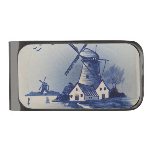 Vintage Blue White Delft Windmill Gunmetal Finish Money Clip