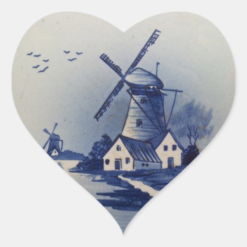 Vintage Blue White Delft Windmill Heart Sticker