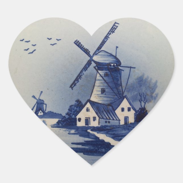 Vintage Blue White Delft Windmill Heart Sticker (Front)