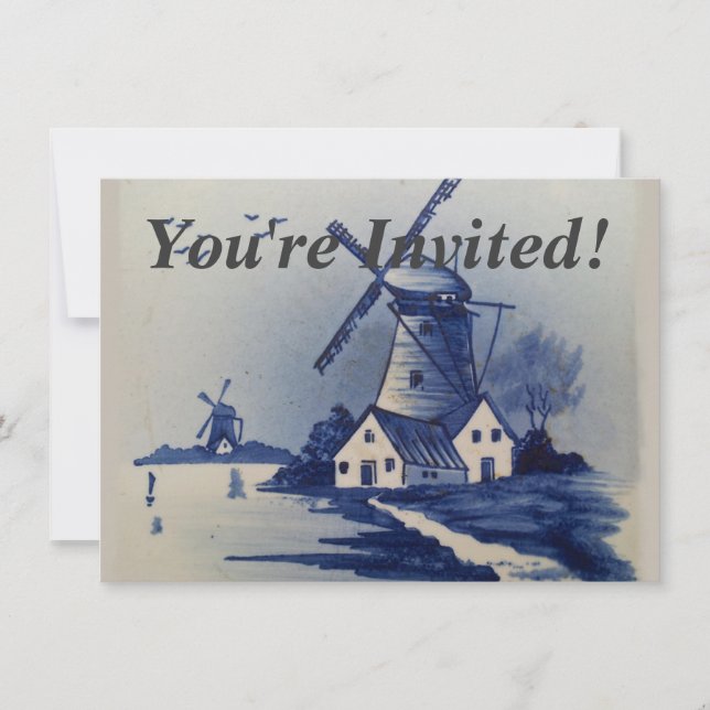 Vintage Blue White Delft Windmill Invitation (Front)