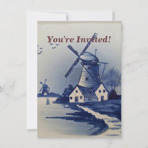 Vintage Blue White Delft Windmill Invitation