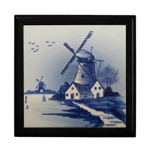 Vintage Blue White Delft Windmill Jewelry Box
