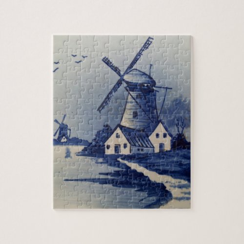 Vintage Blue White Delft Windmill Jigsaw Puzzle