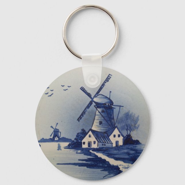 Vintage Blue White Delft Windmill Keychain (Front)