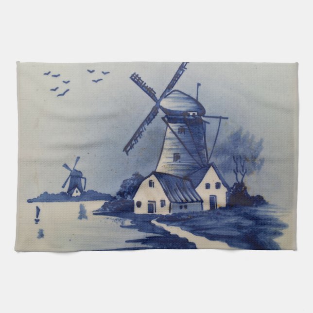 Vintage Blue White Delft Windmill Kitchen Towel (Horizontal)