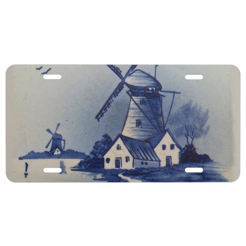 Vintage Blue White Delft Windmill License Plate