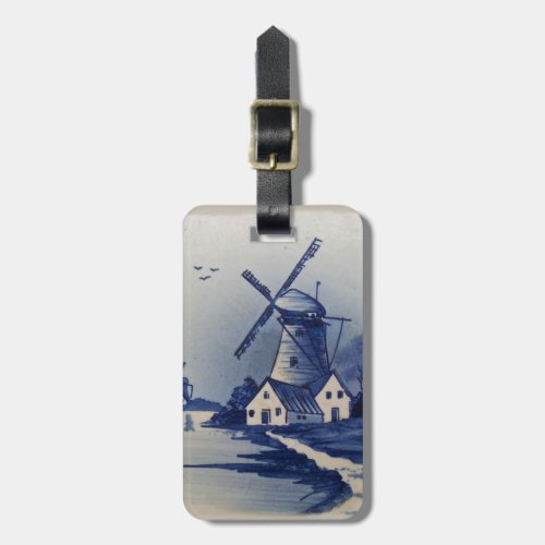 Vintage Blue White Delft Windmill Luggage Tag