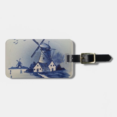 Vintage Blue White Delft Windmill Luggage Tag