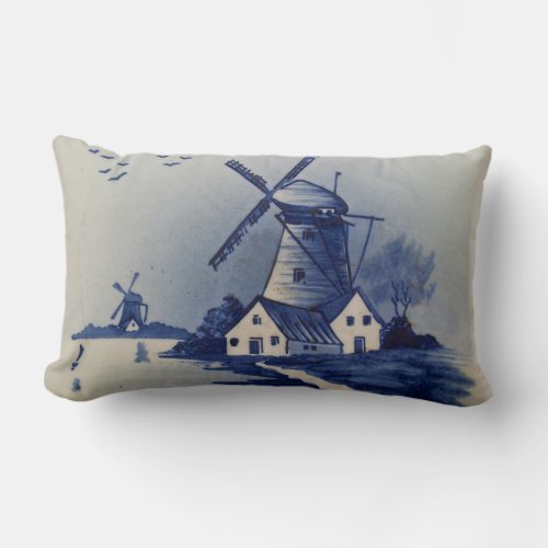 Vintage Blue White Delft Windmill Lumbar Pillow