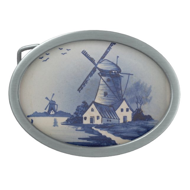 Vintage Blue White Delft Windmill Oval Belt Buckle (Front)