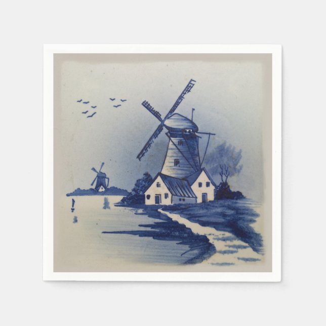 Vintage Blue White Delft Windmill Paper Napkins (Front)