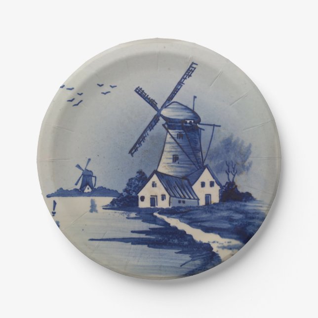 Vintage Blue White Delft Windmill Paper Plates (Front)