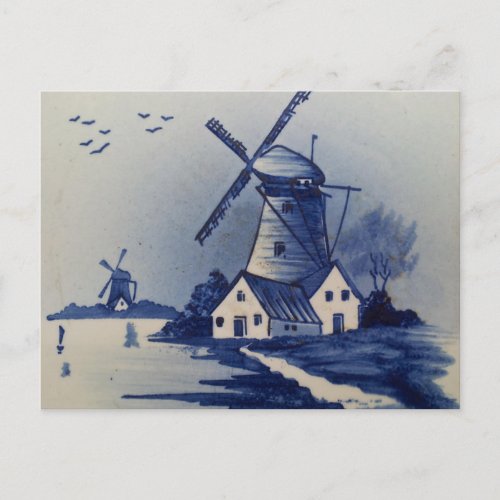 Vintage Blue White Delft Windmill Postcard