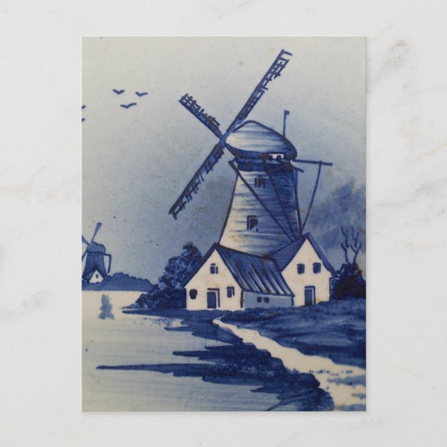 Vintage Blue White Delft Windmill Postcard (Front)