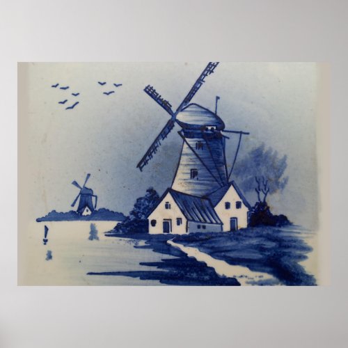 Vintage Blue White Delft Windmill Poster