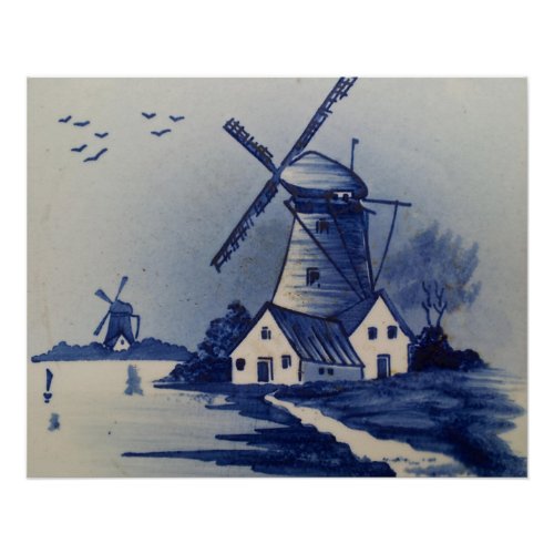 Vintage Blue White Delft Windmill Poster