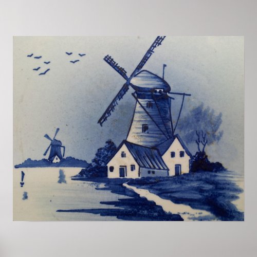 Vintage Blue White Delft Windmill Poster