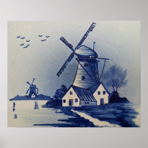 Vintage Blue White Delft Windmill Poster