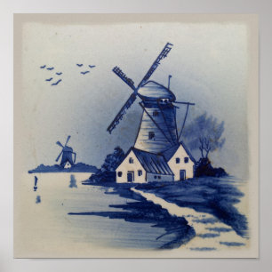 Vintage Blue White Delft Windmill Poster