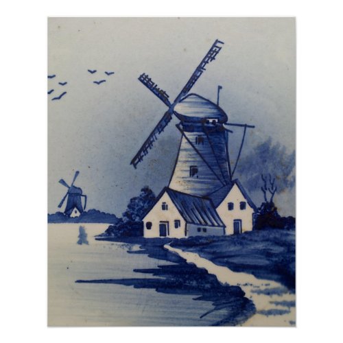 Vintage Blue White Delft Windmill Poster