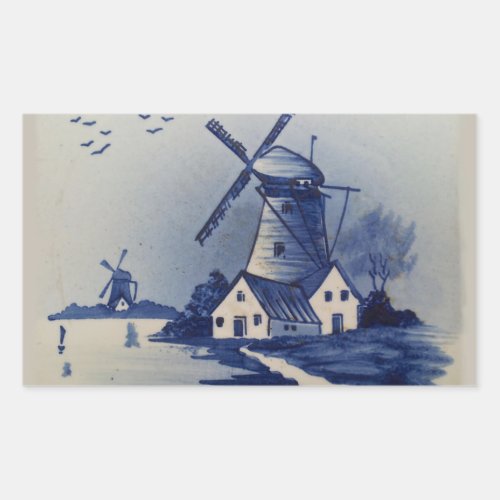 Vintage Blue White Delft Windmill Rectangular Sticker