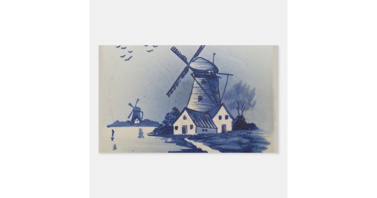 Vintage Blue White Delft Windmill Rectangular Sticker | Zazzle