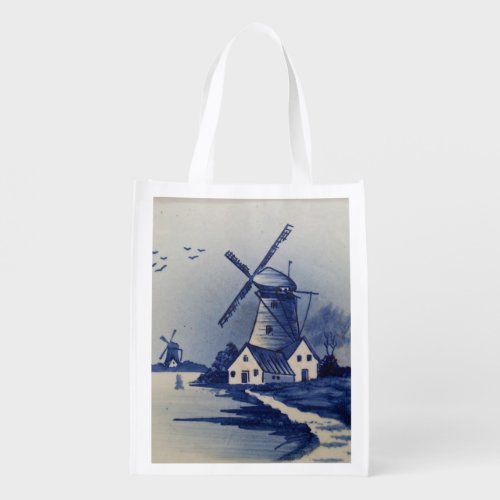 Vintage Blue White Delft Windmill Reusable Grocery Bag