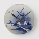 Vintage Blue White Delft Windmill Round Clock at Zazzle