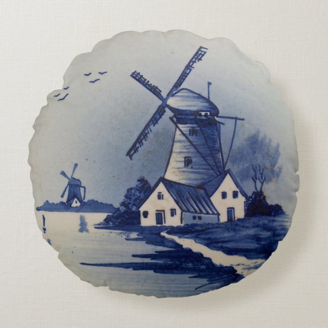 Vintage Blue White Delft Windmill Round Pillow (Front)