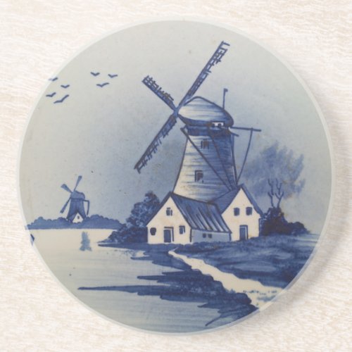 Vintage Blue White Delft Windmill Sandstone Coaster