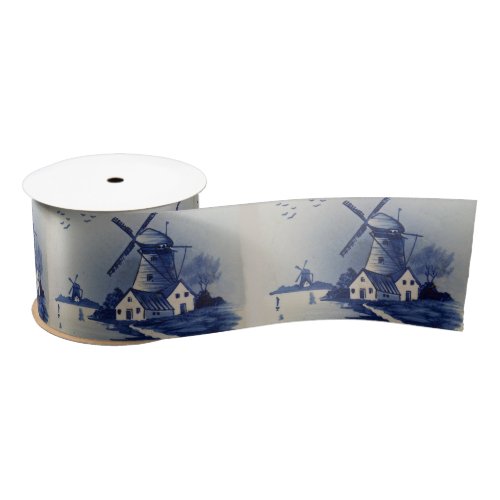 Vintage Blue White Delft Windmill Satin Ribbon