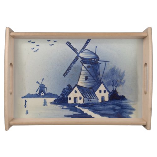 Vintage Blue White Delft Windmill Serving Tray