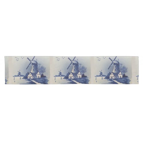 Vintage Blue White Delft Windmill Short Table Runner
