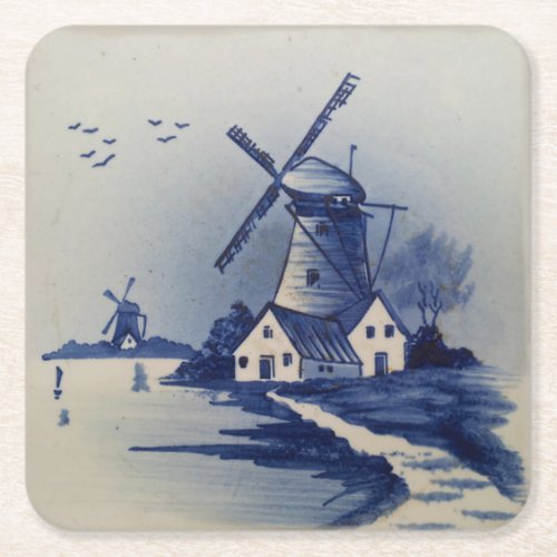 Vintage Blue White Delft Windmill Square Paper Coaster