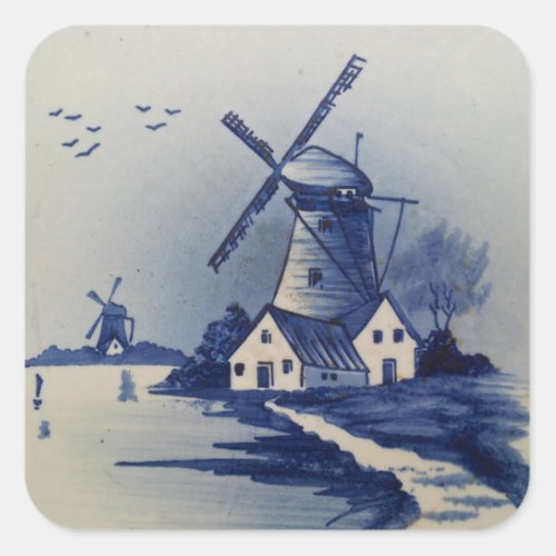 Vintage Blue White Delft Windmill Square Sticker