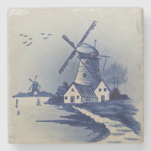 Vintage Blue White Delft Windmill Stone Coaster