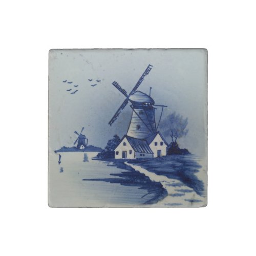 Vintage Blue White Delft Windmill Stone Magnet