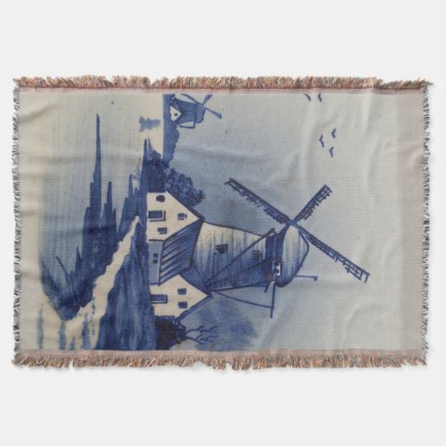 Vintage Blue White Delft Windmill Throw Blanket