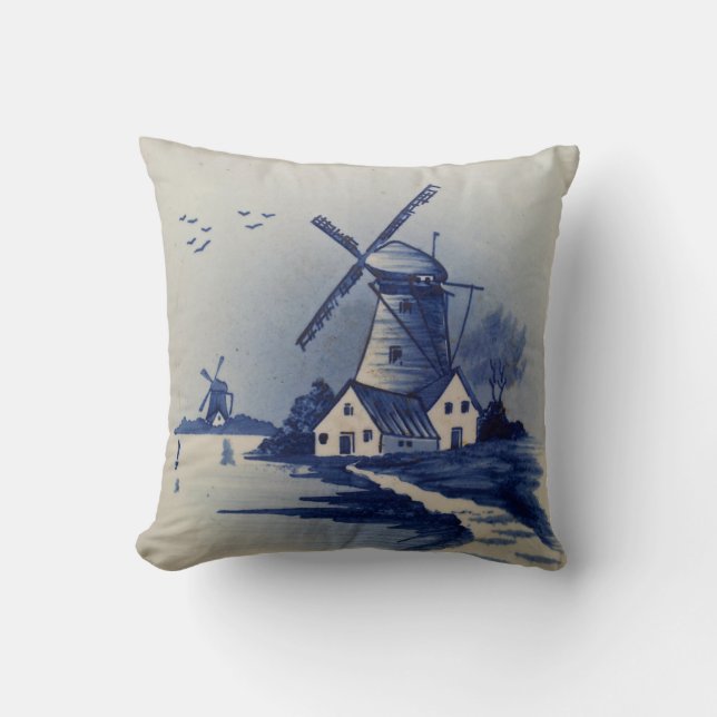Vintage Blue White Delft Windmill Throw Pillow (Front)