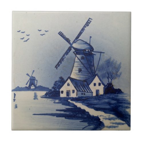 Vintage Blue White Delft Windmill Tile