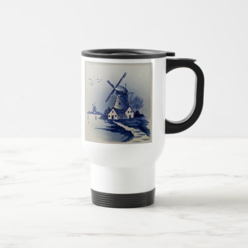 Vintage Blue White Delft Windmill Travel Mug